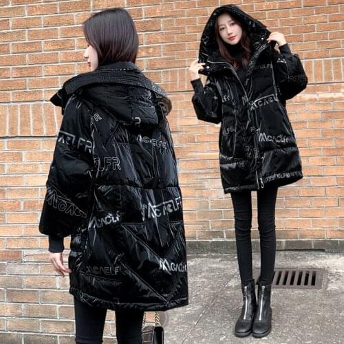 Winter Glossy Cotton Jackets Womens Long Warm Down Cotton Coats Female Casual Loose Print Down Padded Parkas Coats Hooded Jacket
