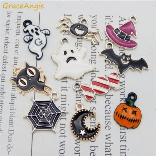 10Pcs/10pair Alloy Halloween Hat Ghost Spider Net Candy Cat Bat Necklace Party Jewelry Findings pumpkin Moon DIY Anklet Keychain