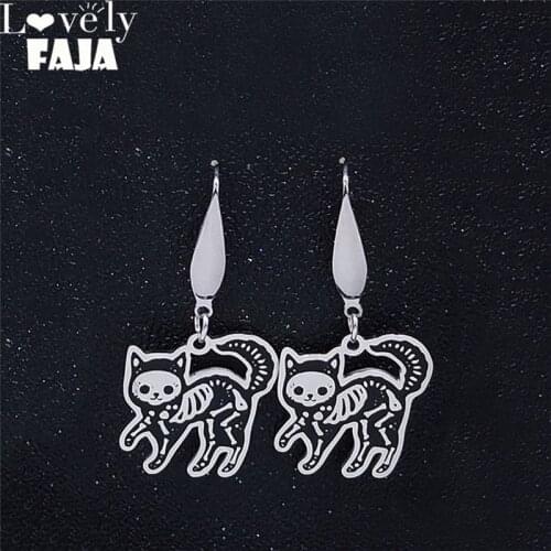 2021 Fashion Gothic Cat Skull Stainless Steel Earrings for Women Black Silver Color Small Drop Earing Jewelry E1867S03