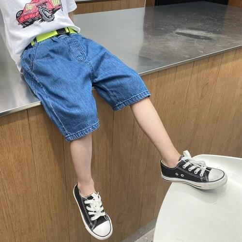 2021 Summer Boys Pants Short New Denim Overalls Kids Solid Jeans Fashion Casual Elastic Waist Childrens Clothing 4-12 Years Old