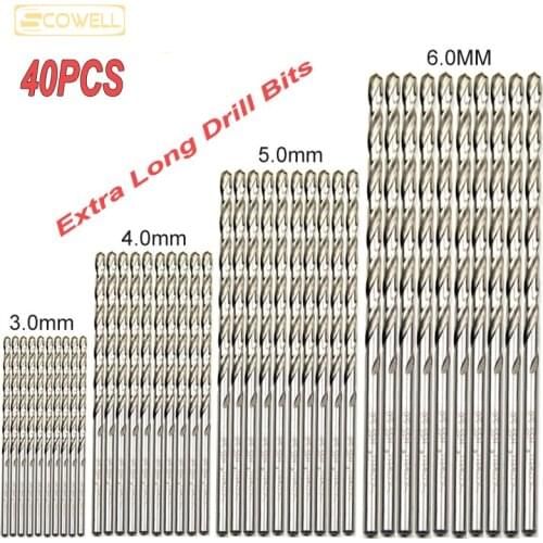 30% Off 40pcs SCOWELL Drill Bits For Wood Metal 3mm,4mm5mm,6mm HSS Model DIY Supplies Extra Long Ultra Length Jobber Drills