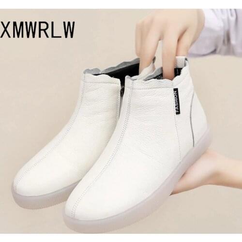 XMWRLW Genuine Leather Women Ankle Boots Warm Plush Winter Flat Shoes Women Snow Boots Winter Ladies Ankle Boot Plus Size 43