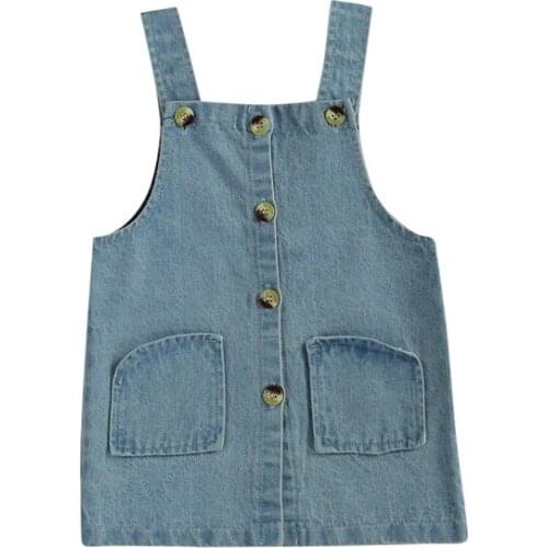 Children Girls Denim Suspender Dress with Buttons Pocket Decoration Straight Version Spring and Summer Clothing Dresses