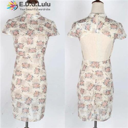 EDGLuLu Chinese Style Women Sexy Hollow Out Backless Bodycon Vintage Print Cheongsam Dress Elegant Party Dresses Qipao 0727