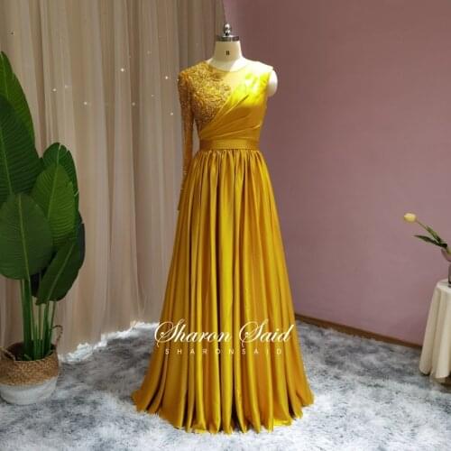 Silver Grey Long Sleeve Muslim Evening Dresses 2021 Elegant High Neck Arabic Women Wedding Party Gown Dubai Islamic Formal Dress