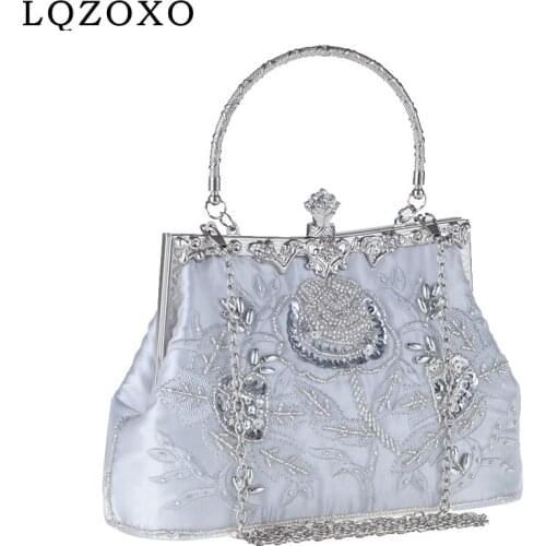 Golden Handle Day Clutch Shoulder Chain Messenger Bucket Purse Vintage Style Flower Beading Party Handbags Satin