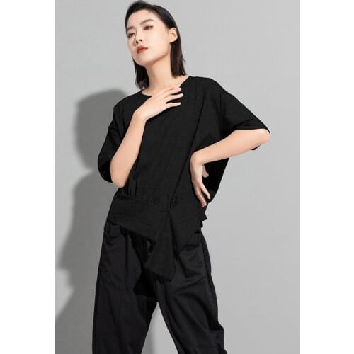 Designer Street personality dark bat sleeve T-shirt 2021 summer hem cross irregular short sleeve top