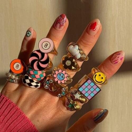 Ins Vintage Smile Enamel Thick Rings for Women Exquisite Summer Cute Lucky Jewelry Letter Clouds Rings Summer Travel Rings