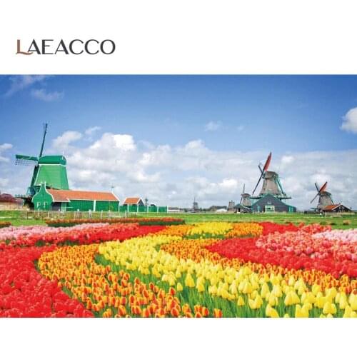 Laeacco Blue Sky Cloudy Farm Rural Filed Windmill Flowers Manor Scenic Photographic Background Photo Backdrop For Photo Studio