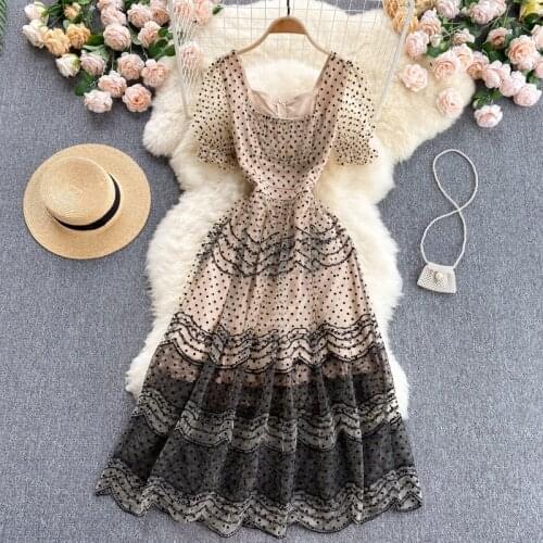 Sweet Polka Dot Net Yarn Fairy Skirt Gentle Wind Womens High-end Heavy Embroidery Wavy Edge Mid-length Dress
