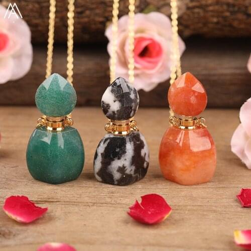 Natural White Amethysts Quartz Red Agates Stone Perfume Oil Diffuser Bottle Pendant Gold Chain Necklace Jewelry Women Dropship