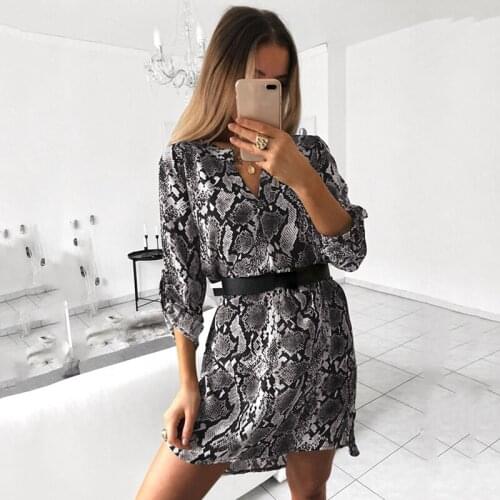 Women Autumn Sexy Snake Print Striped Long Sleeve V-Neck Dress Ladies Casual Empire Mini Dresses Above Knee Length