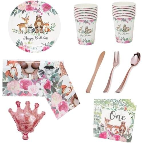 Safari Woodland Party Rose Gold Flower Deer Tableware Wild Theme Girl One 1st Birthday Party Jungle Forest Sweet 16 17 21st