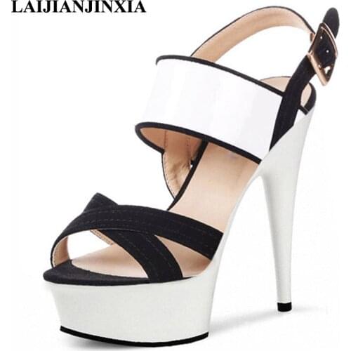 LAIJIANJINXIA Summer shoes womens Peep Toe Patch zapatos mujer sandals 15cm thin high heels 5 platform sexy wedding pumps