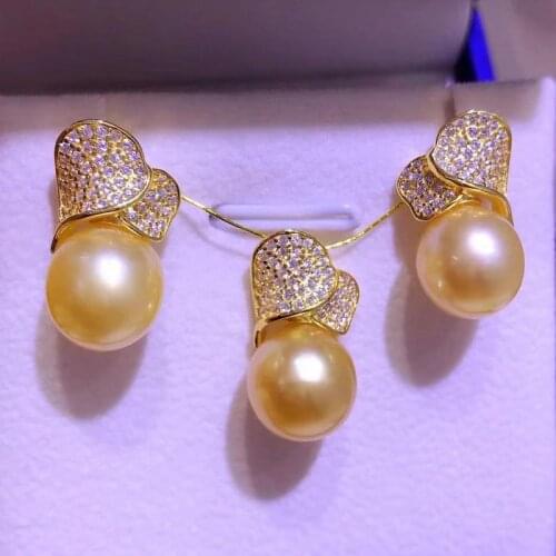 HENGSHENG 2021New 9-10mm Drop Shape Natural-Ocean Golden Pearls Jewelry Set For Women 925 Sterling Silver Earring/Pendant Set