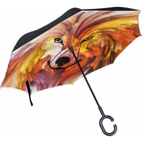 Windproof Double Layer Reverse Umbrella Dog Painting Creative Cars Long C-Handle Women Rain Inverted Umbrella Self-Stand