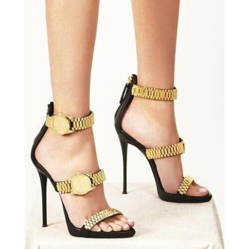 Dipsloot New Gold Metal Chain Watch Heels Sandals Woman Thin High Heel Zipper Back Open Toe Designer One Line Party Dress Shoes