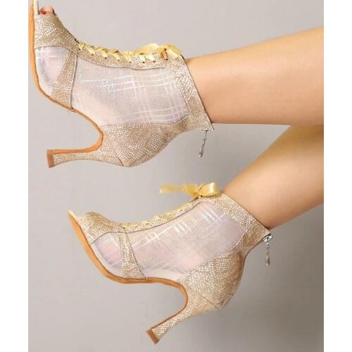 Latin Dance Shoes Cuba Sneaker Women Ballroom Salsa Professional Soft Soles High Heels Gold Lace Up Boots For Girls 5-10cm L437