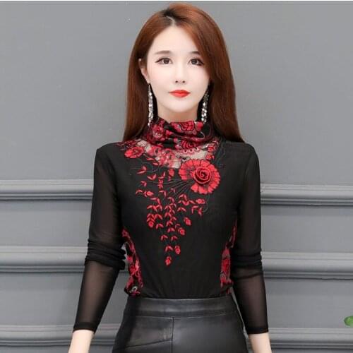 Womens Casual Spring Autumn Lace Shirts Long Sleeve Blouses Womens Shirts Embroidery Turtleneck Fashion Womens Tops DD8285