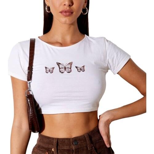 Women Fashion Butterfly Embroidery Crop Top Stylish Short Sleeve Round Neck T-shirt