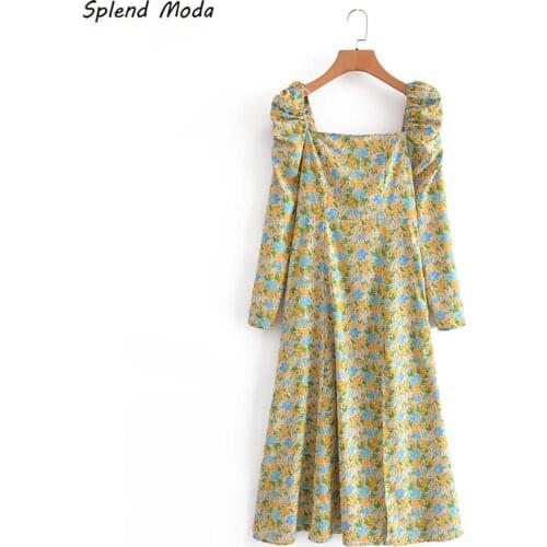 Splend Moda 2021 Summer Vintage Prairie Chic Square Collar Puff Sleeve High Waist Elastic Sexy Split Floral Print Women Dress