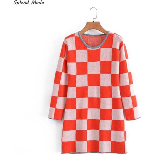 Splend Moda French Vintage Fashion Autumn Women Dress Knit O-Neck Long Sleeve College Style Plaid Slim-Fitting Mini Vestido