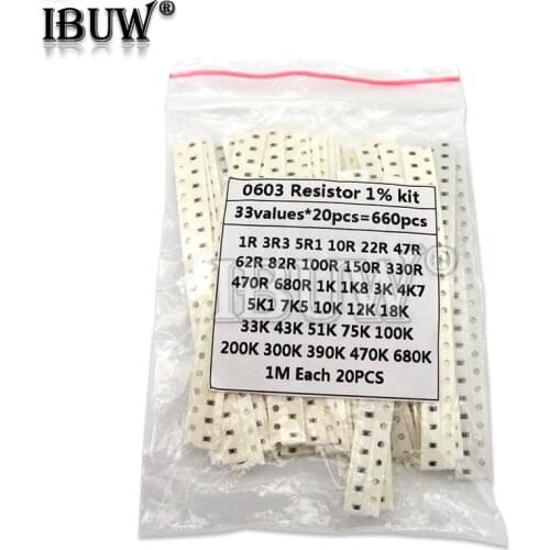 0603 SMD Resistor Kit Assorted Kit 1ohm-1M ohm 1% 33valuesX 20PCS=660PCS Sample Kit