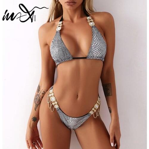 In-X Diamond bikini 2021 Triangle swimwear female Sexy Halter swimsuit women Snake print 2 piece suit High cut bathing suit new