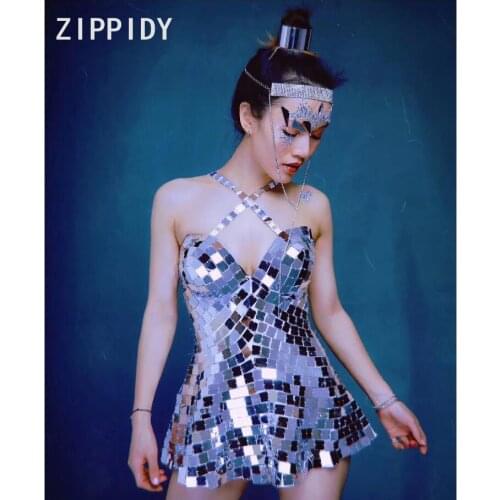 Flashing Silver Mirrors Short Dress Prom Party Dress Birthday Celebrate Outfit Evening Women Singer Dance Dress