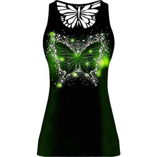 Women Summer Spring 2021 Fashion Butterfly Print Skinny Vest Tank Top Hollow Out Sleeveless Tees Shirt Female Sequined Tshirt