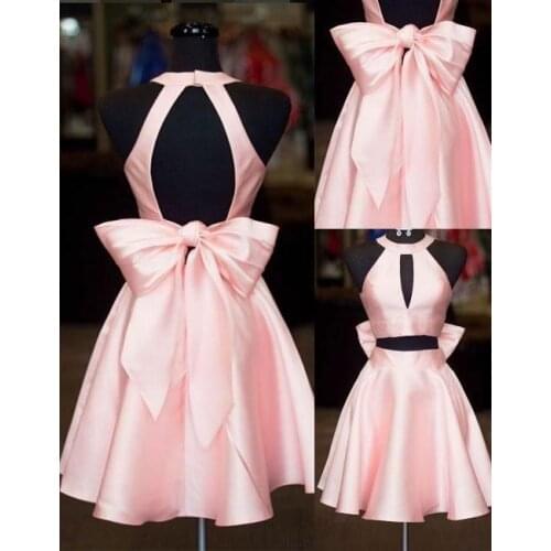 Elegant A-Line Short Pink Homecoming Dresses with Pockets Knee Length Key Hole Back Satin Graduation Dress for Juniors