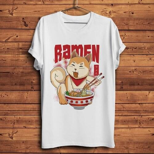 Kawaii Japan Shiba inu dog eating ramen funny t-shirt homme summer new short t shirt men white casual tshirt unisex streetwear