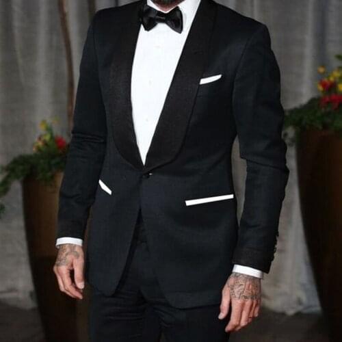 Tailor Made Fashion High Quality Black Lapel Suits Men Slim Fit Groom Tuxedo For Wedding Dinner Party Sets (Jacket+Trousers)