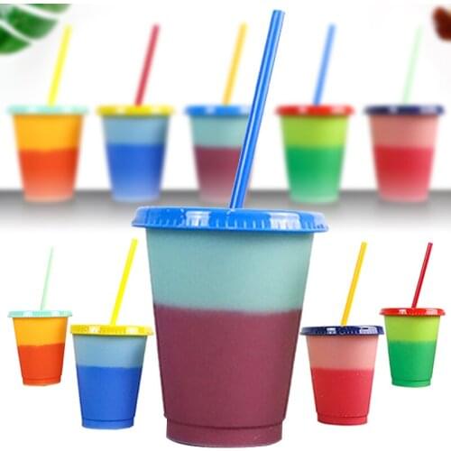 Hot Sale Creative Color Changing Cup with Lid and Straw Reusable Plastic Short Cold Drink Cup for Adult Children Drinkware Mugs