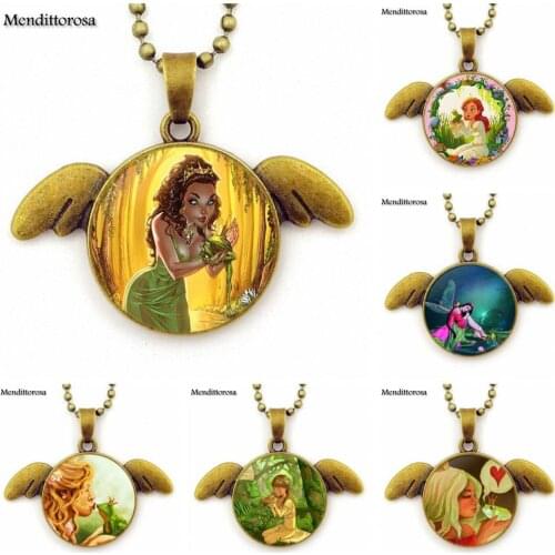 Frog and Fairy Bronze Color Glass Cabochon Angel Wings Pendant Necklace Peacock Long Necklace For Women Wedding Gift