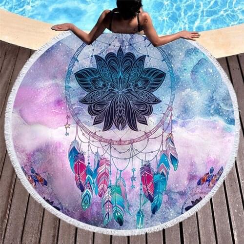 Mandala Dreamcatcher 150cm Round Microfiber Beach Towel Picnic Blanket Portable Outdoor Sport Kids Gift Yoga Mat T615