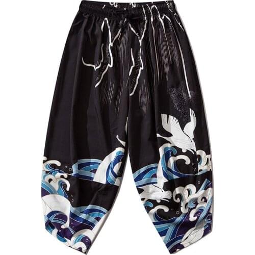 Kimono Pants Suit 2021 Women Men Black Pants Loose Elastic Waist Chinese Style Cosplay Thin Japanese Trousers V2073