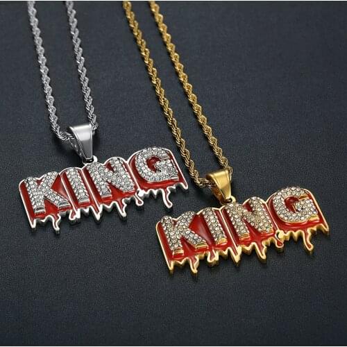 Men HipHop KING Letter Zircon Pendant Necklace Bling Iced Out Link Gold Chain Crystal Rhinestone Male Fashion Jewelry Gift