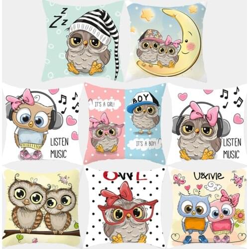 Cartoon Cushion Cover Pillow Case Cute Owl Printed Polyester Decorative Pillowcovers Sofa Cushion Square 45*45 Throw pillow