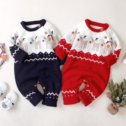 0-18M Infant Baby Girls Boys Christmas Romper Long Sleeve Elk Pattern Printed Knit Warm Jumpsuit