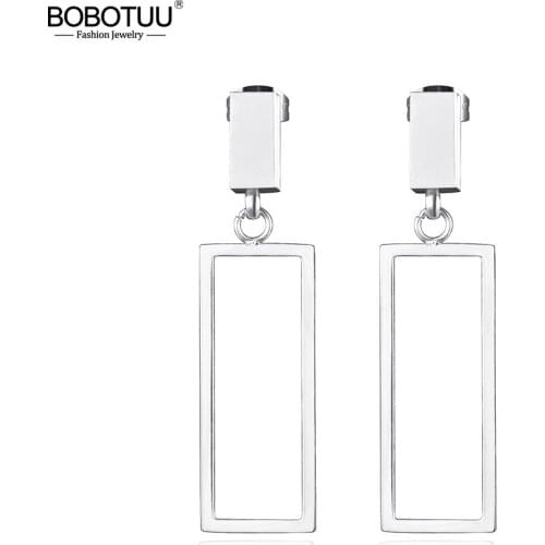 BOBOTUU Office Style Drop Earrings Titanium Steel Rectangle Geometric Design Trendy Rose Gold Dangle Earrings Jewelry BE17012