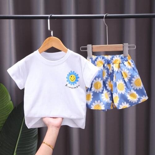 New Children Summer Cotton Baby Girls Flower Clothes Sport T Shirt Rainbow Denim Shorts 2Pcs/Sets Leisure Kids Toddler Tracksuit