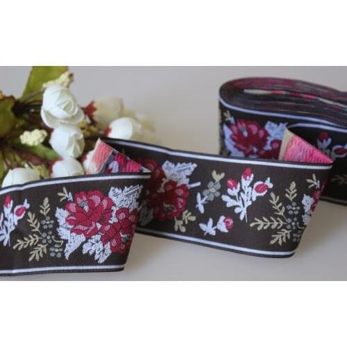 High quality 8yards/lots Woven Jacquard Ribbon 5cm brown background red lowers pattern LS-3853