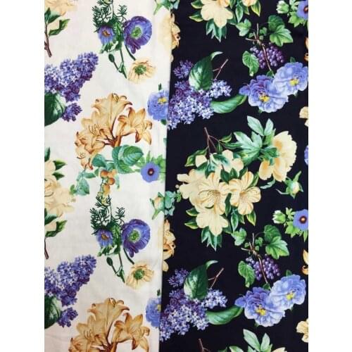 YY DIY Pretty White & Black Wisteria Flower Printed Cotton Spandex Fabric 50x140cm