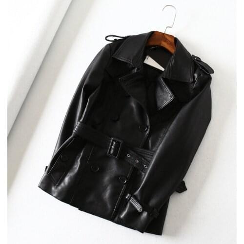Mid-length Double Breasted Slim Women Black Faux Pu Leather Jacket Plus Sashes Spring Autumn 2021 Lapel Long Sleeve Biker Jacket