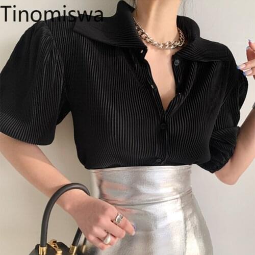 Tinomiswa Women Blouses Korean Puff Short Sleeve Turn-down Collar Shirt 2021 Spring Summer New Causal Blusas De Mujer A2073