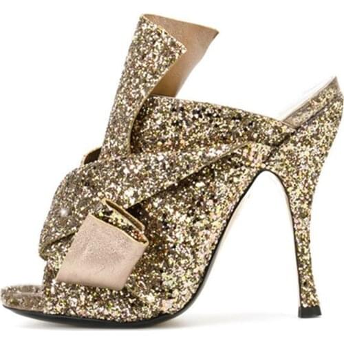 Summer Ladies Bling Bling Bowtie Knot High Heels Slipper Sandals Woman Open toe Glitter Sequins Stage high heel slingback Shoes