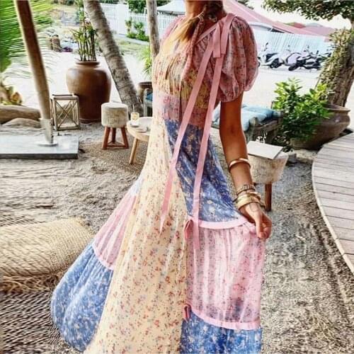 Boho Beach Summer Long Floral Dress Square Neck Ruffles Slim High Waist Holiday Patchwork Cute Pink Dress for Women Clothing