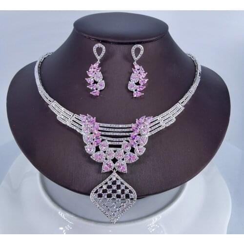 2021 new fashion pink red crystal green CZ zircon necklace earring set,wedding bridel dinner banquet dress jewelry free shipping