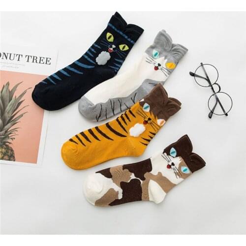 3 Pairs/Lot New Women‘s Socks Breathable Comfort Cotton Tube Socks Casual Cute Cartoon Cat Funny Socks Kawaii Girls Calcetines